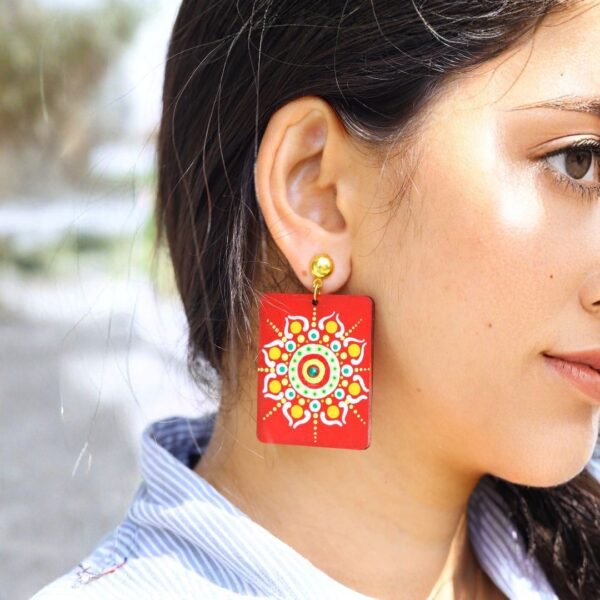 Earrings for Women – Handcrafted Red Square Floral Design