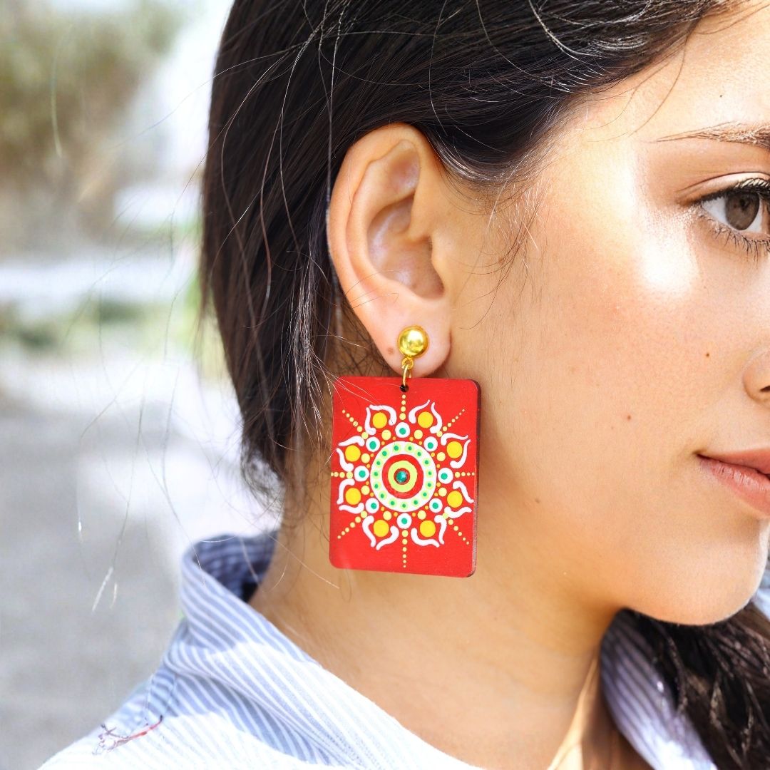 Earrings for Women – Handcrafted Red Square Floral Design
