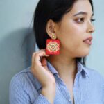 Earrings for Women – Handcrafted Red Square Floral Statement Design