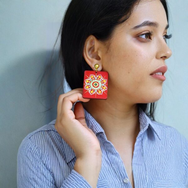 Earrings for Women – Handcrafted Red Square Floral Statement Design