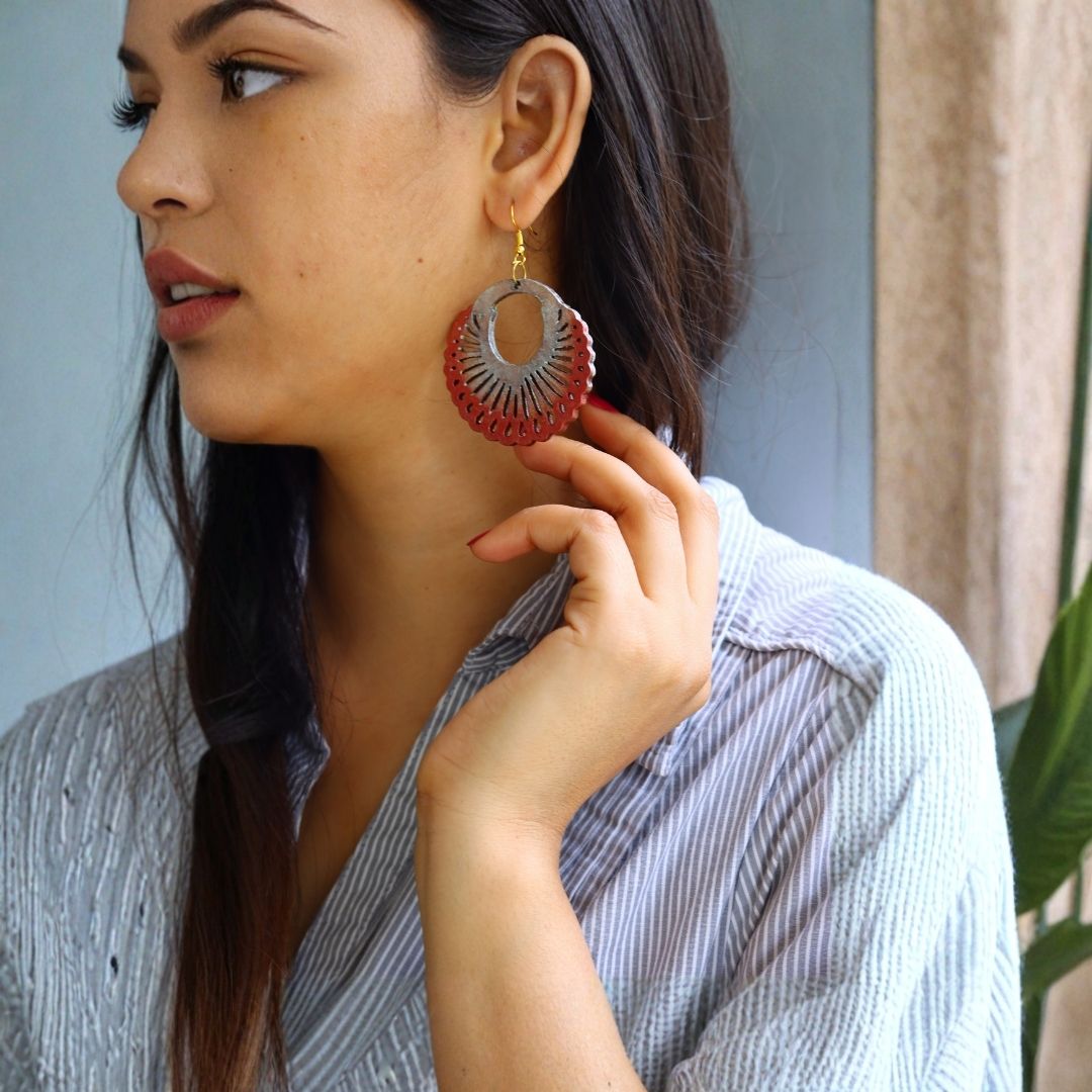 Earrings for Women – Handcrafted Grey and Orange Circular Design