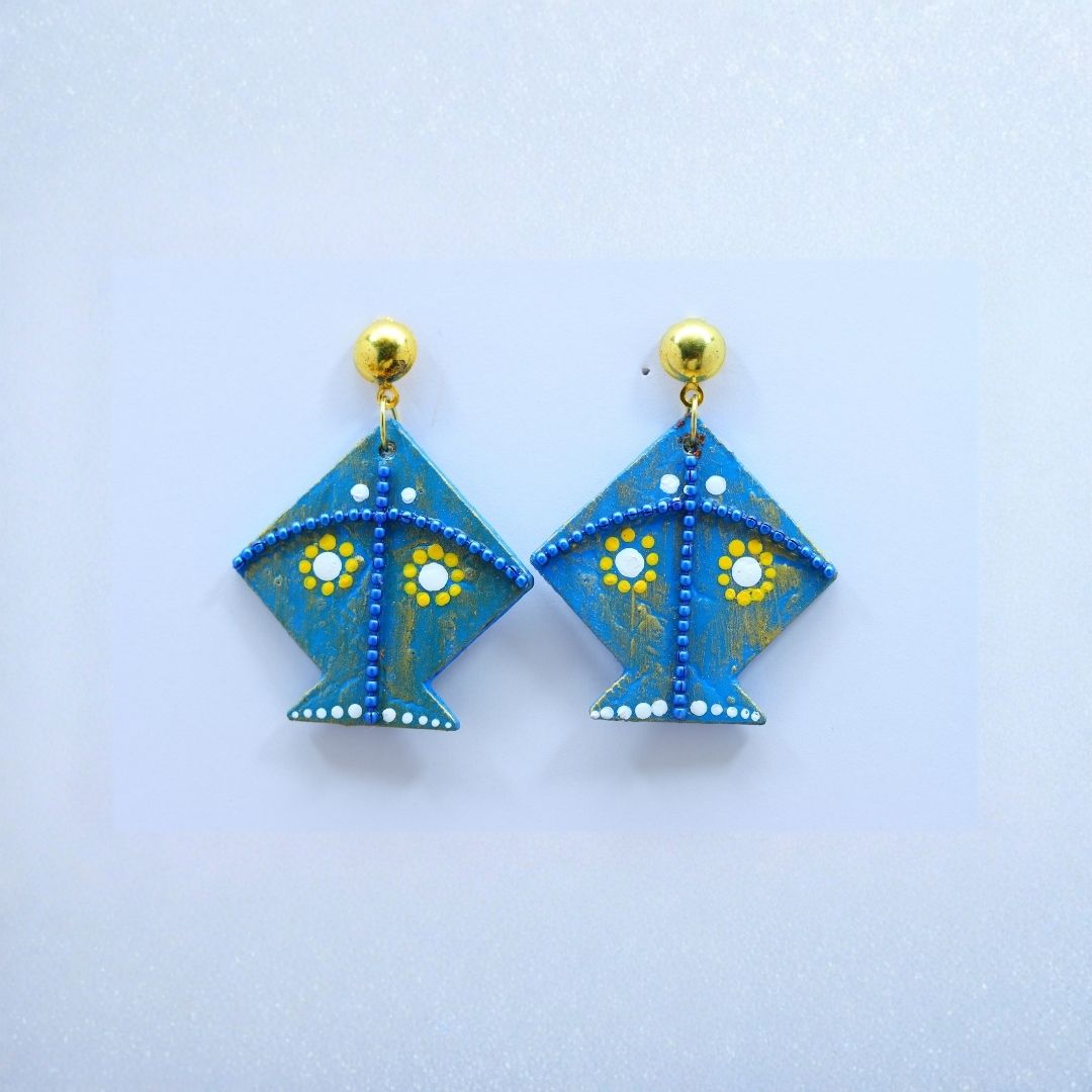 Earrings for Women – Handcrafted Blue and Yellow Kite-Shaped Design