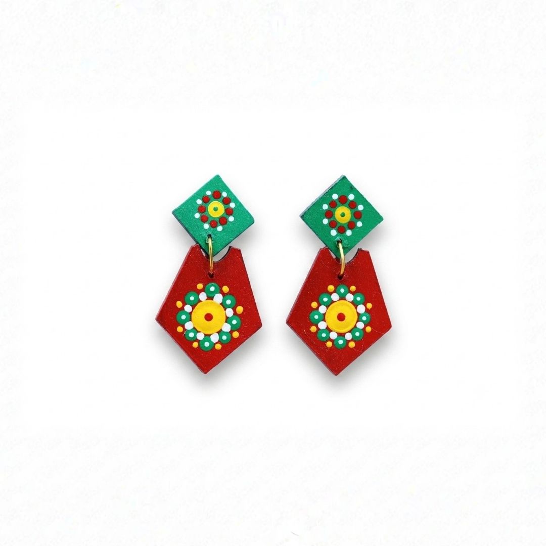 Earrings for Women – Handcrafted Green and Orange Diamond Design