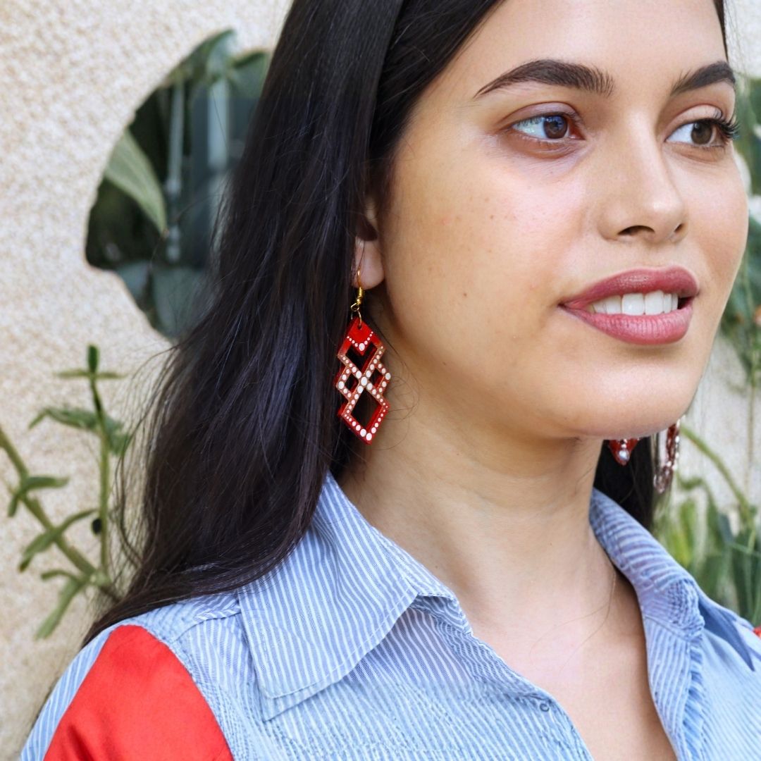 Earrings for Women – Handcrafted Red and Yellow Heart-Shaped Design